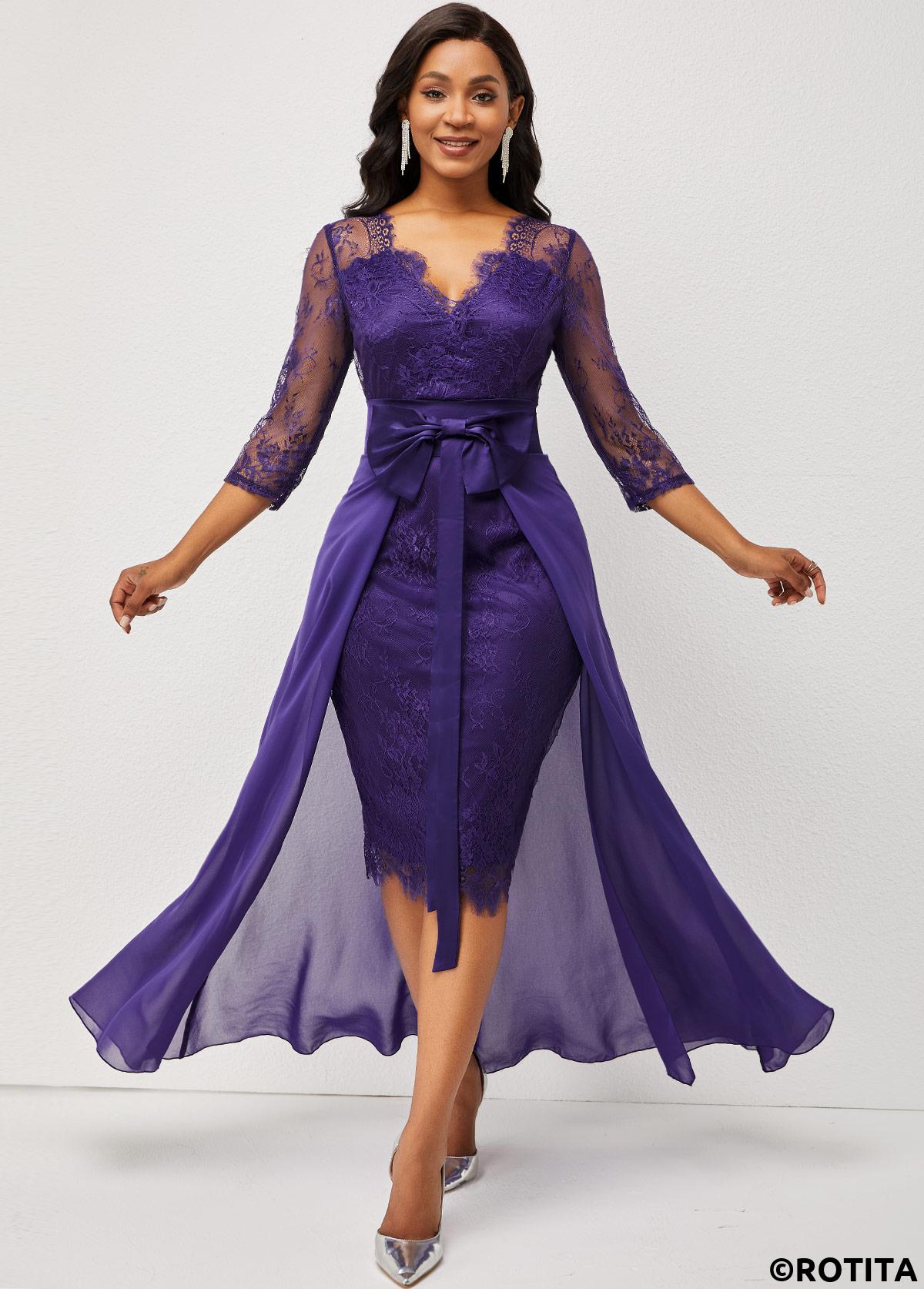 Purple dresses,Plain Color dresses,Party dresses,Elegant dresses,ROTITA Purple 3/4 Sleeve Multiway Lace Patchwork Dress