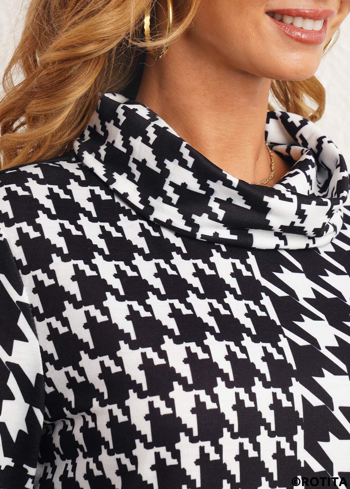 Black tops,Plaid tops,ROTITA Black Houndstooth Print Cowl Neck Sweatshirt