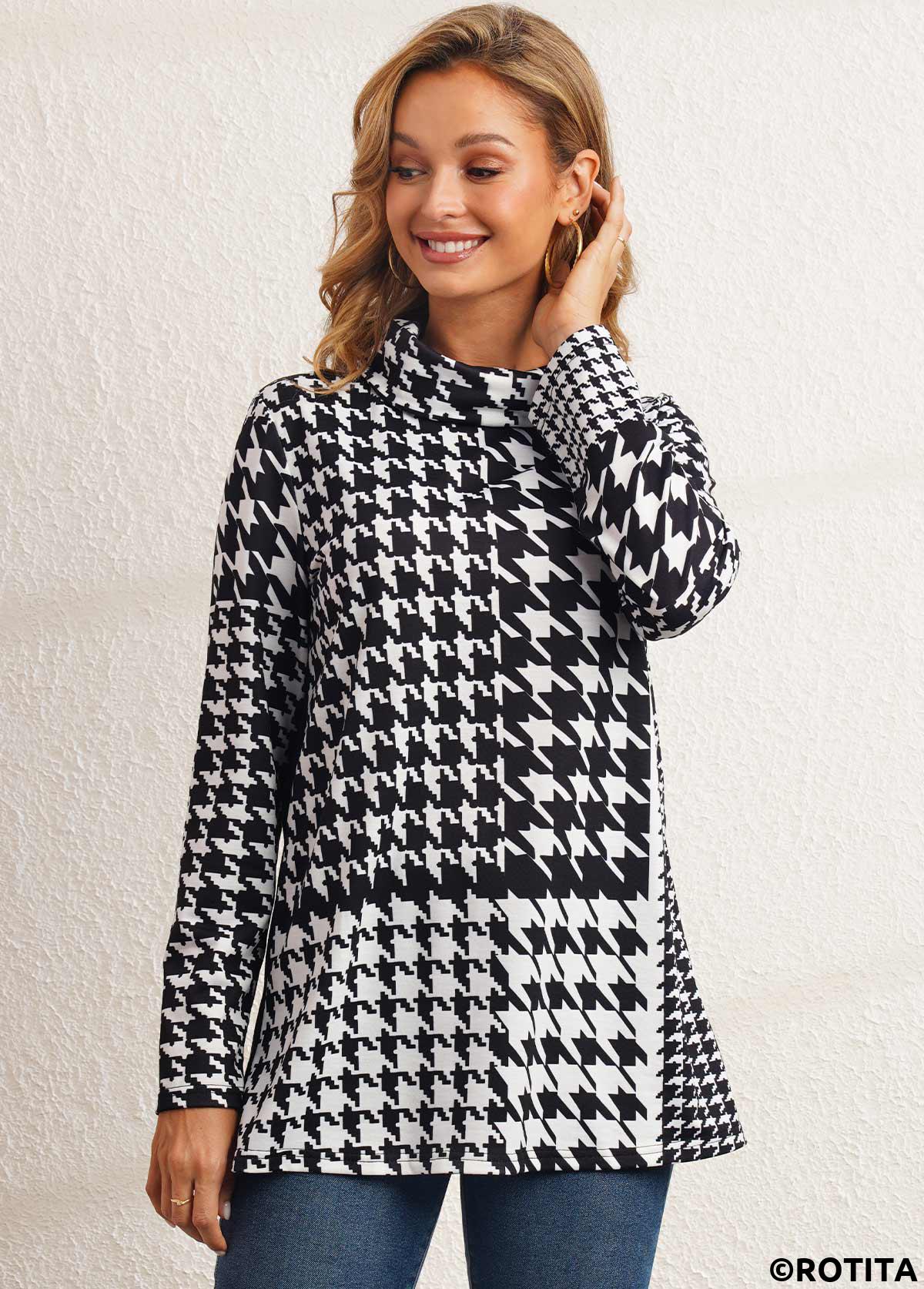 Black tops,Plaid tops,ROTITA Black Houndstooth Print Cowl Neck Sweatshirt