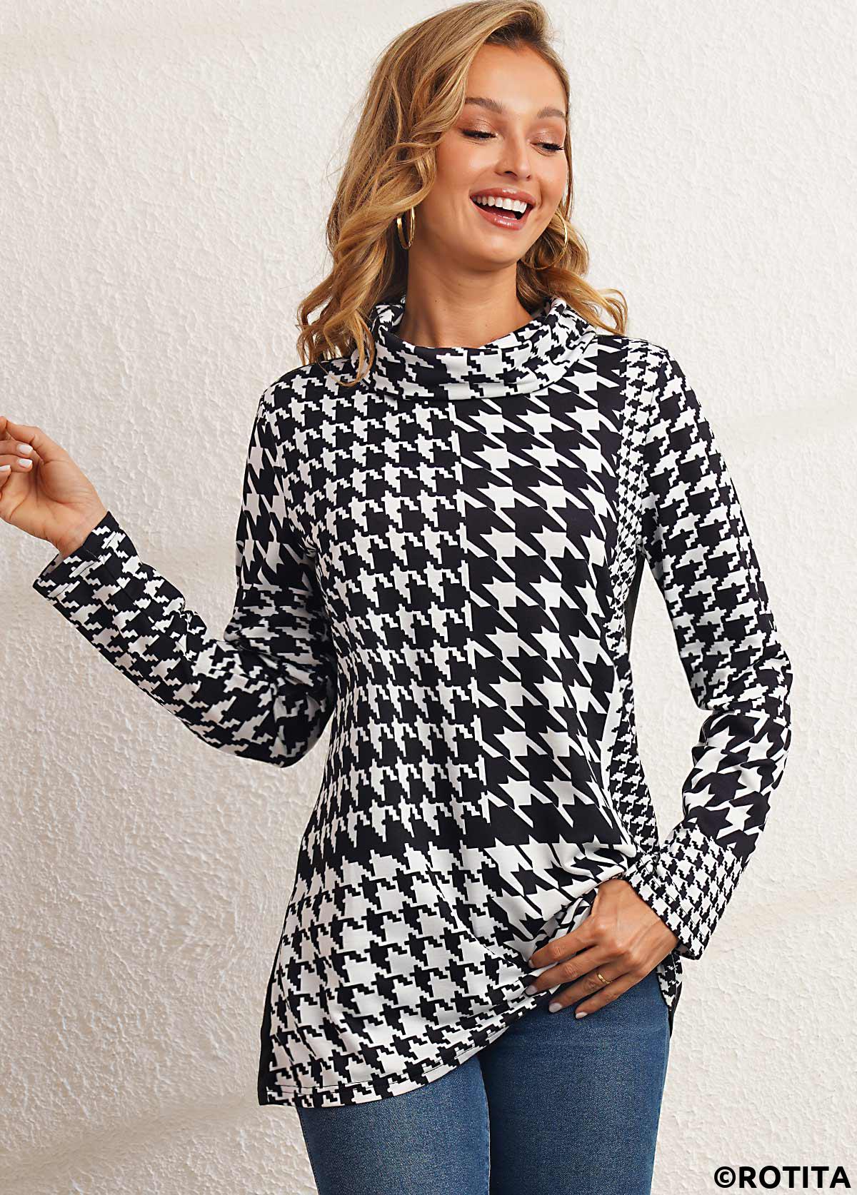Black tops,Plaid tops,ROTITA Black Houndstooth Print Cowl Neck Sweatshirt