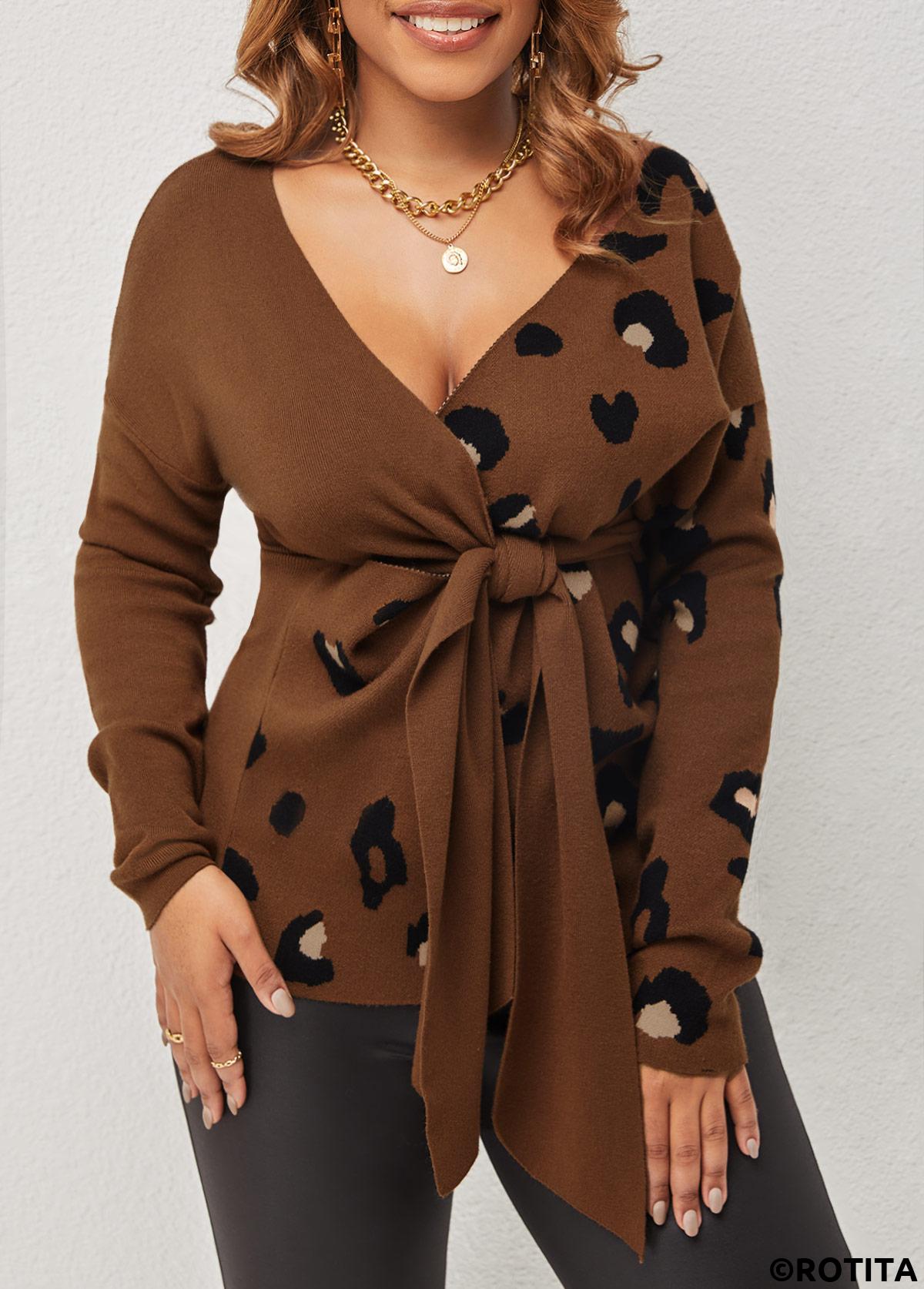 Dark Camel tops,Animal Print tops,ROTITA Brown Leopard Tie Front V Neck Sweater