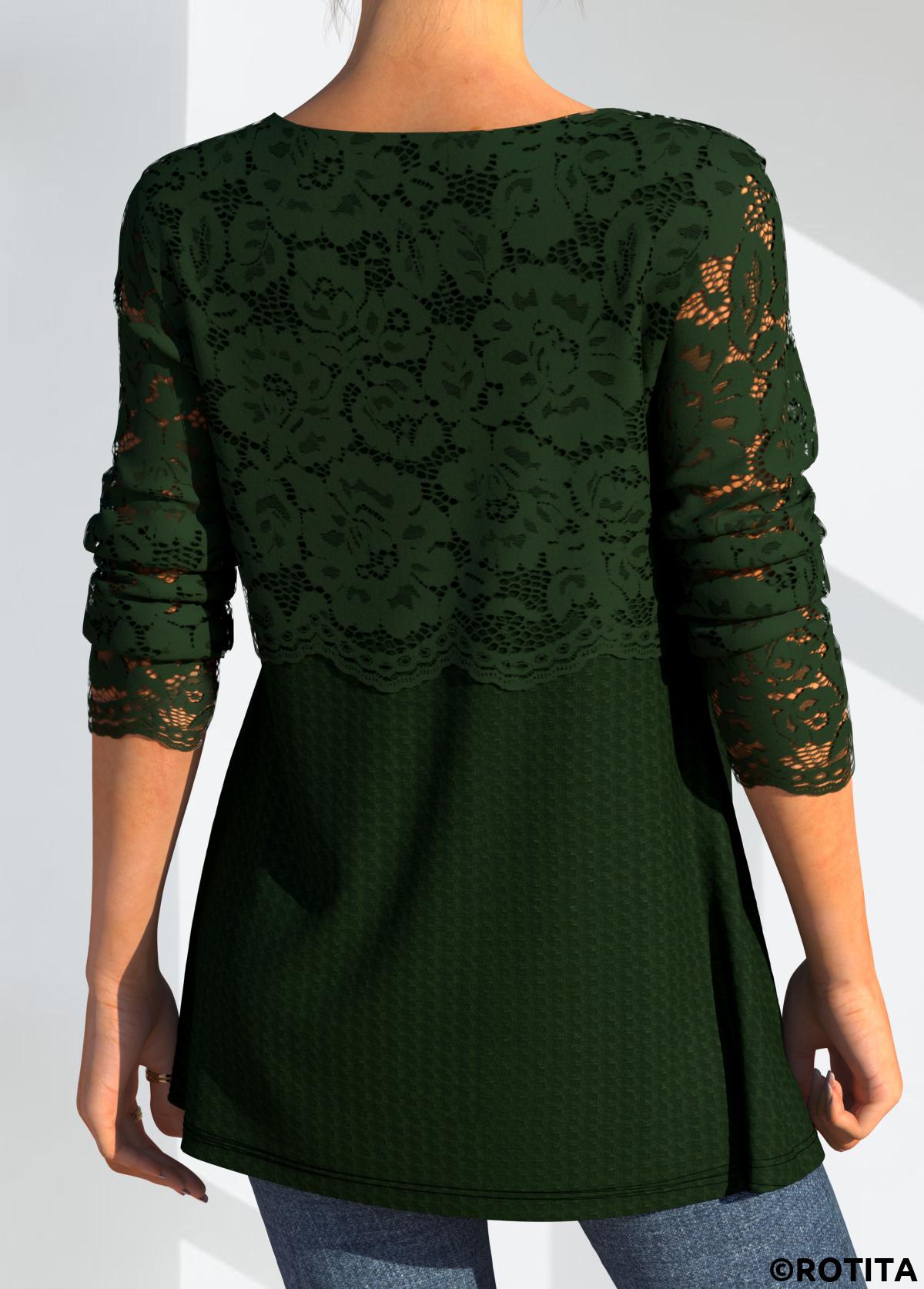 Green tops,Plain Color tops,ROTITA Lace Patchwork Cross Strap Long Sleeve T Shirt