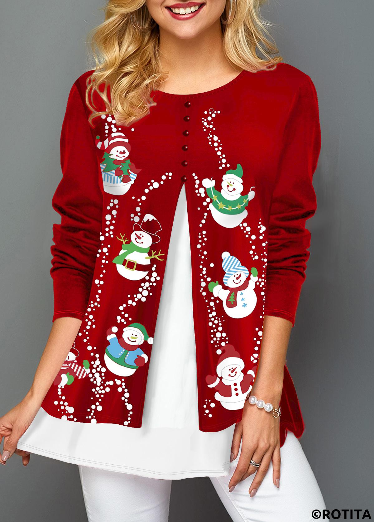 Red tops,Christmas tops,ROTITA Red Faux Two Piece Snowman Print Decorative Button T Shirt