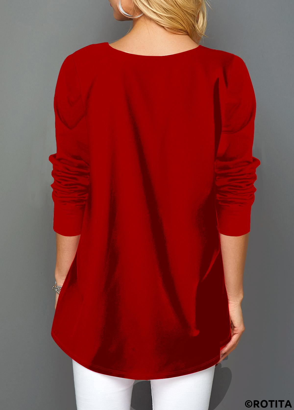 Red tops,Christmas tops,ROTITA Red Faux Two Piece Snowman Print Decorative Button T Shirt