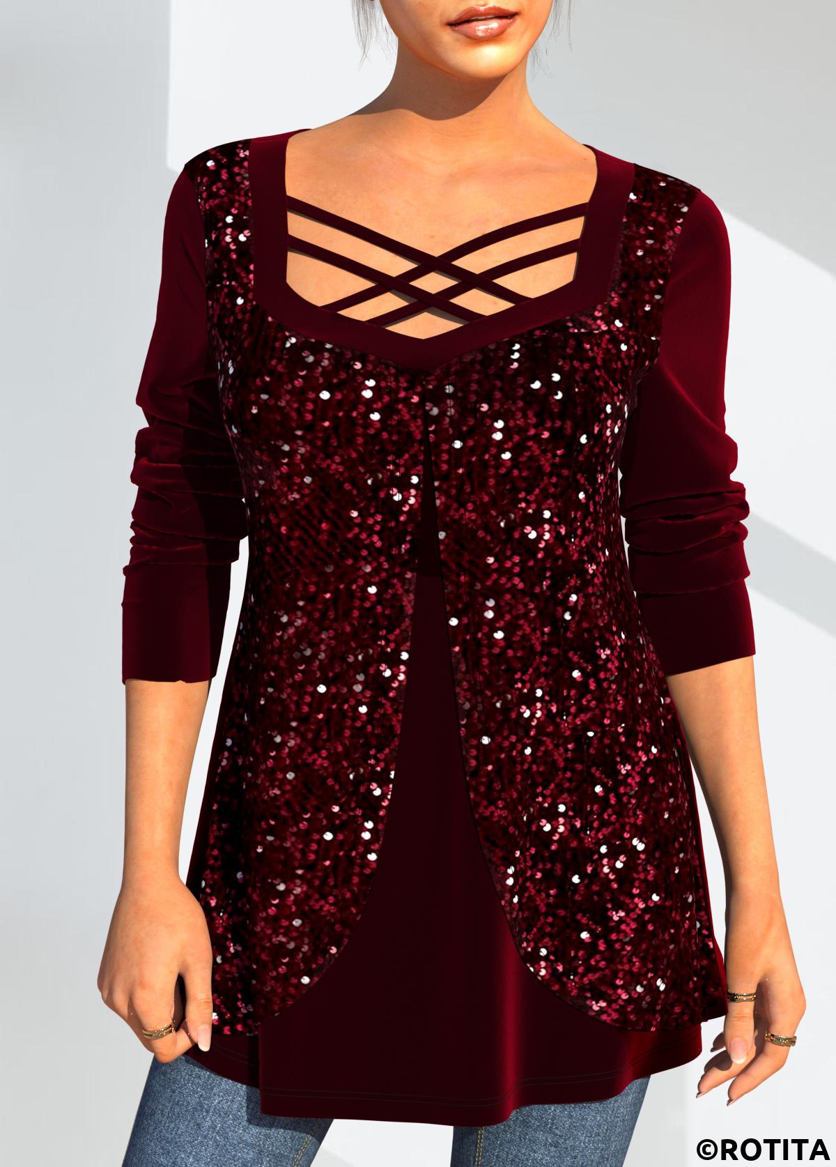 Wine Red tops,Plain Color tops,ROTITA Christmas Design Velvet Stitching Wine Red Sequin T Shirt