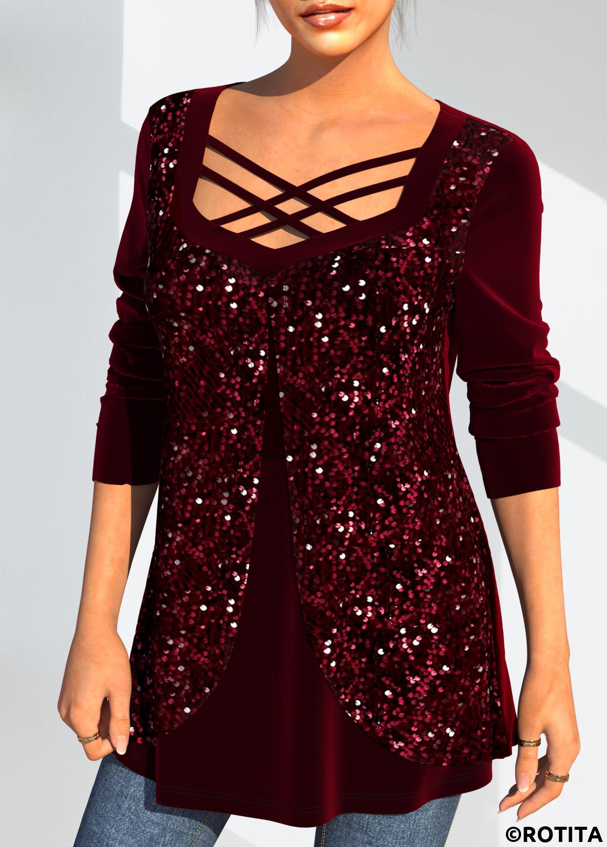 Wine Red tops,Plain Color tops,ROTITA Christmas Design Velvet Stitching Wine Red Sequin T Shirt