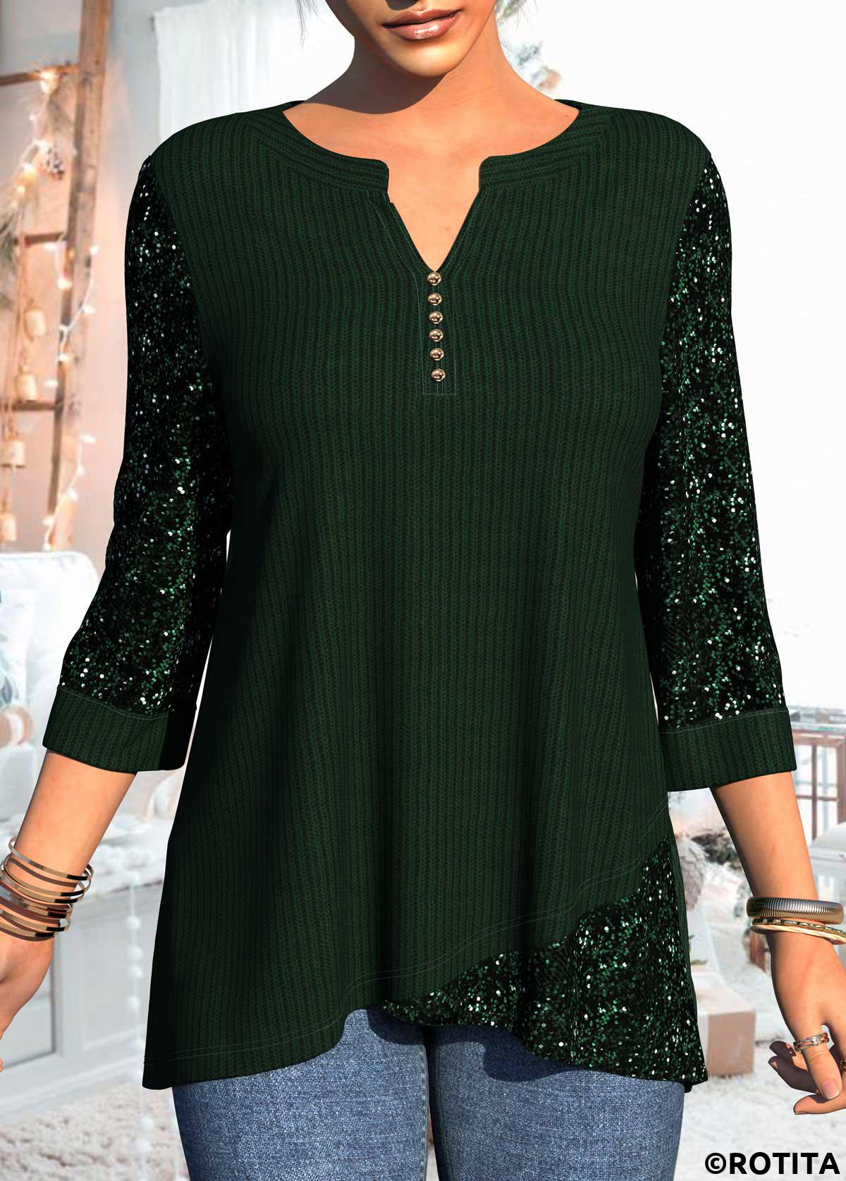 Blackish Green tops,Plain Color tops,ROTITA Asymmetric Hem Sequin 3/4 Sleeve Dark Green T Shirt