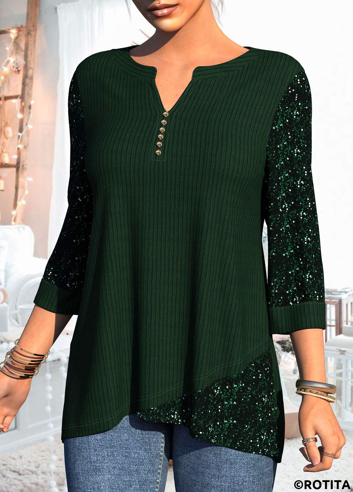 Blackish Green tops,Plain Color tops,ROTITA Asymmetric Hem Sequin 3/4 Sleeve Dark Green T Shirt