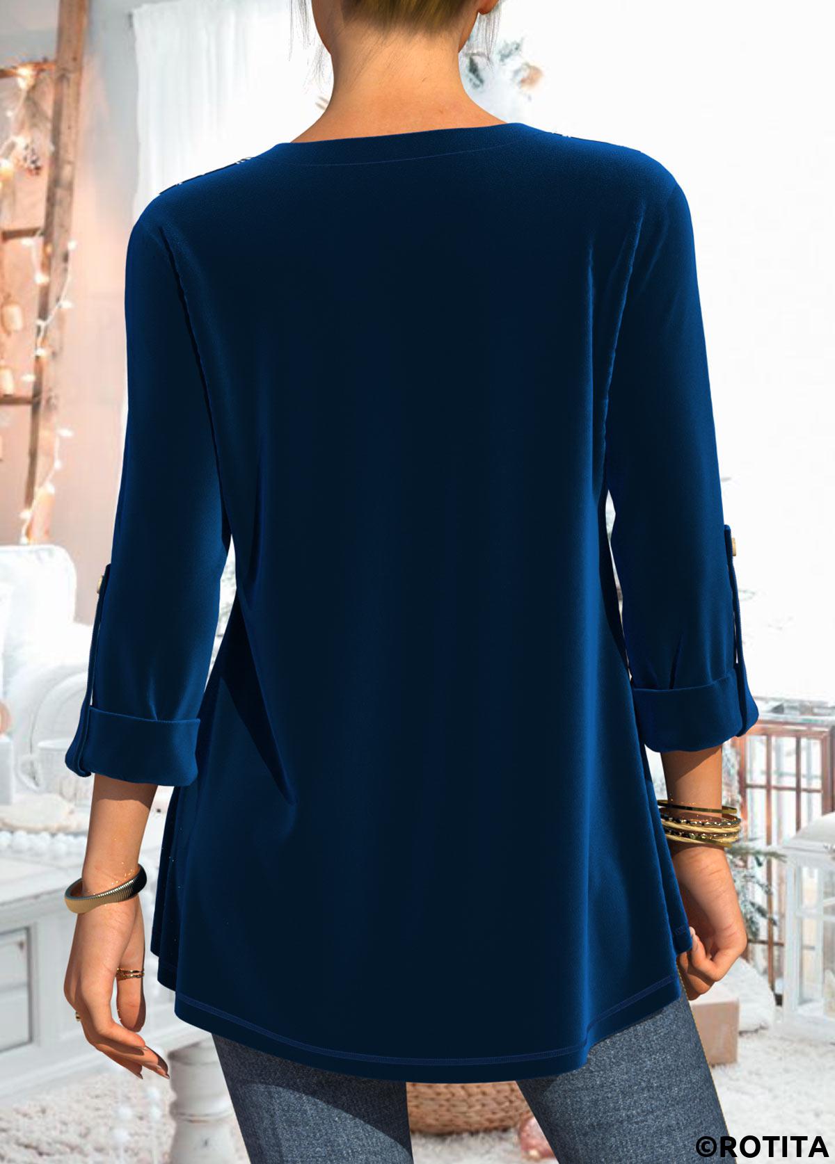Blue tops,Plain Color tops,ROTITA Velvet and Lace Stitching Christmas Design Blue Blouse