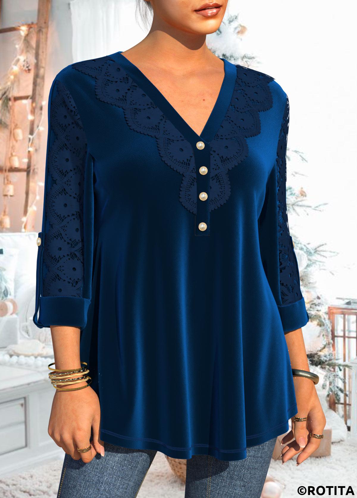 Blue tops,Plain Color tops,ROTITA Velvet and Lace Stitching Christmas Design Blue Blouse
