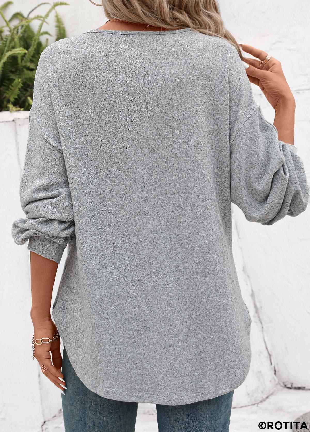 T-shirt à manches longues gris clair à boutons décoratifs Rotita