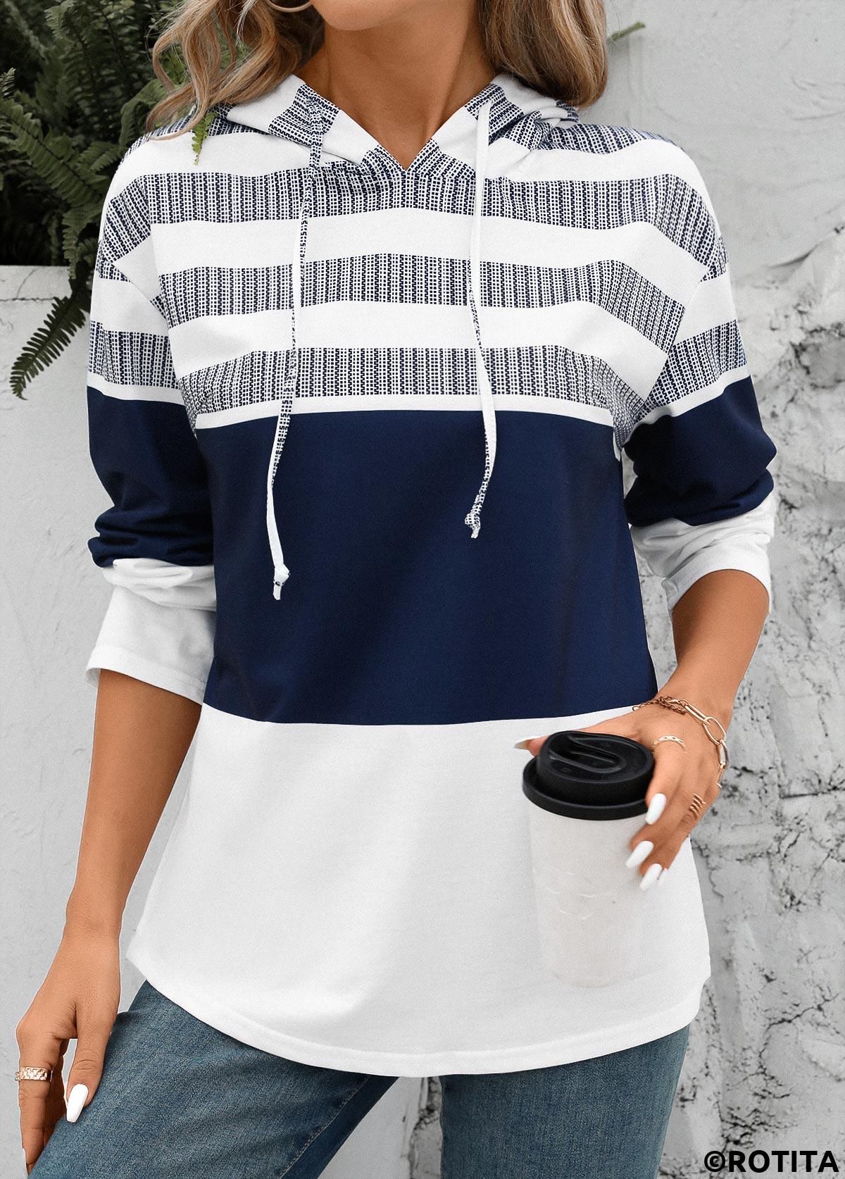 White tops,Striped tops,ROTITA Drawstring White Stripe Print Long Sleeve Hoodie