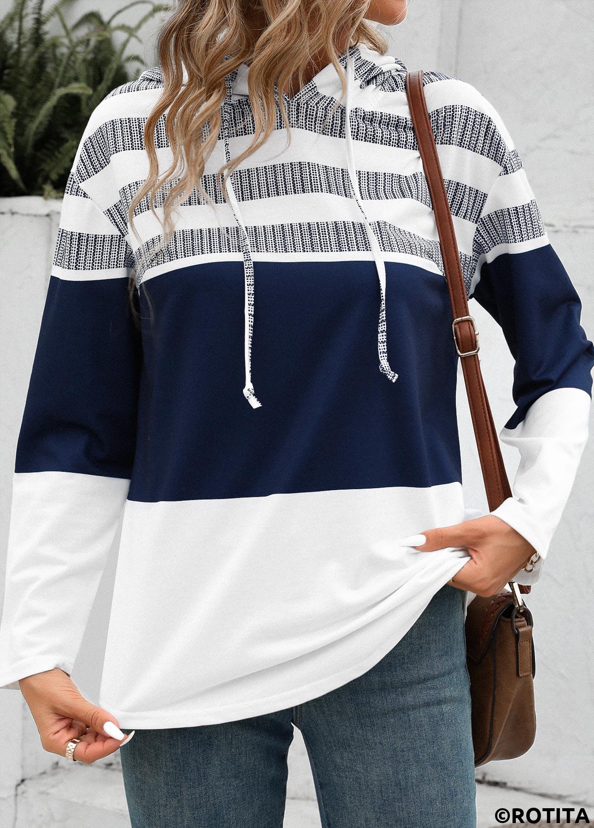 White tops,Striped tops,ROTITA Drawstring White Stripe Print Long Sleeve Hoodie