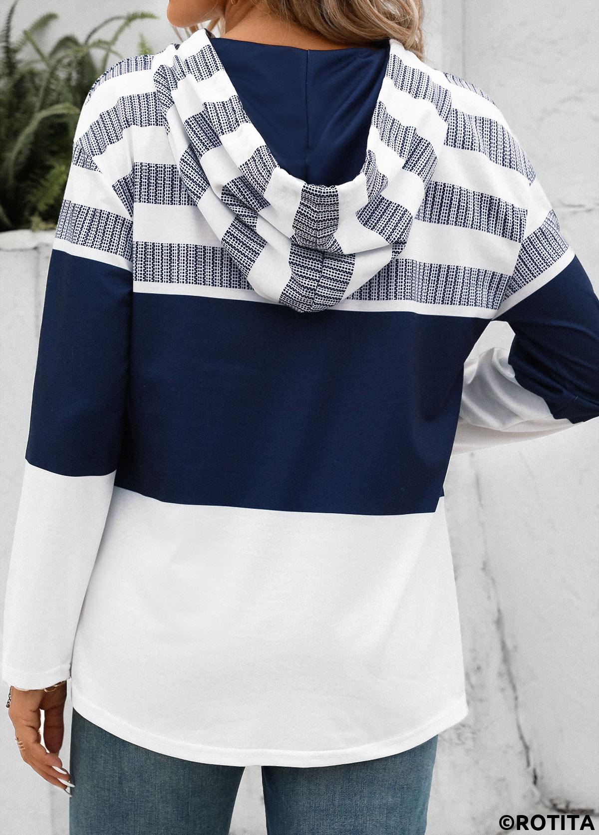 White tops,Striped tops,ROTITA Drawstring White Stripe Print Long Sleeve Hoodie