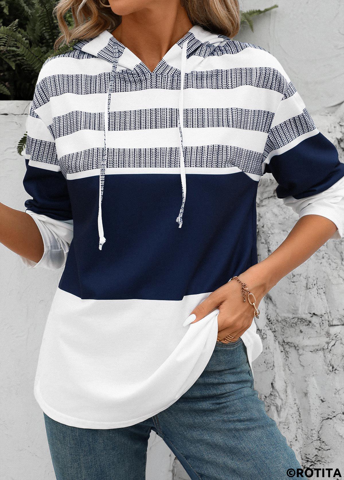 White tops,Striped tops,ROTITA Drawstring White Stripe Print Long Sleeve Hoodie