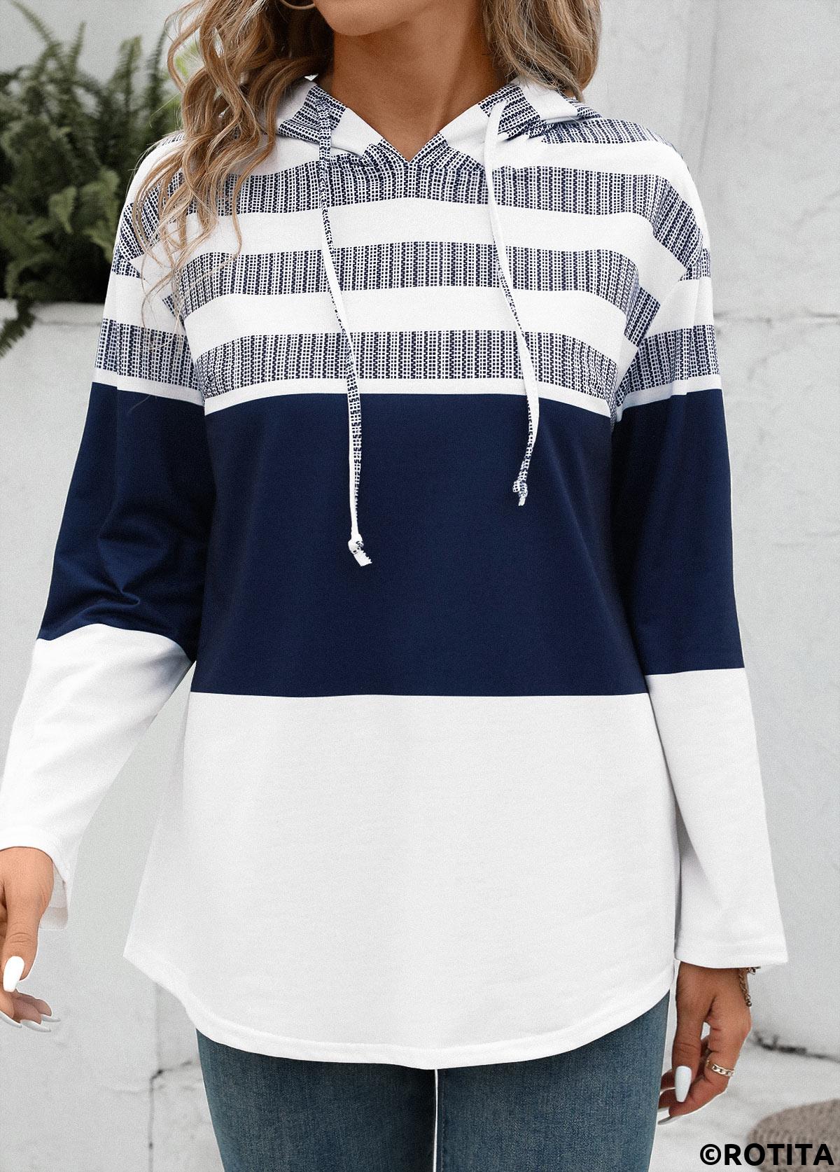 White tops,Striped tops,ROTITA Drawstring White Stripe Print Long Sleeve Hoodie