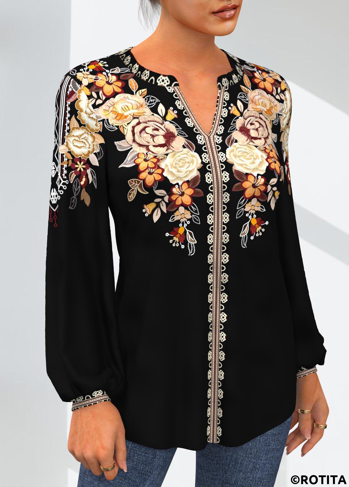 Gold tops,Tribal tops,ROTITA Tribal Print Gold Split Neck Long Sleeve Blouse