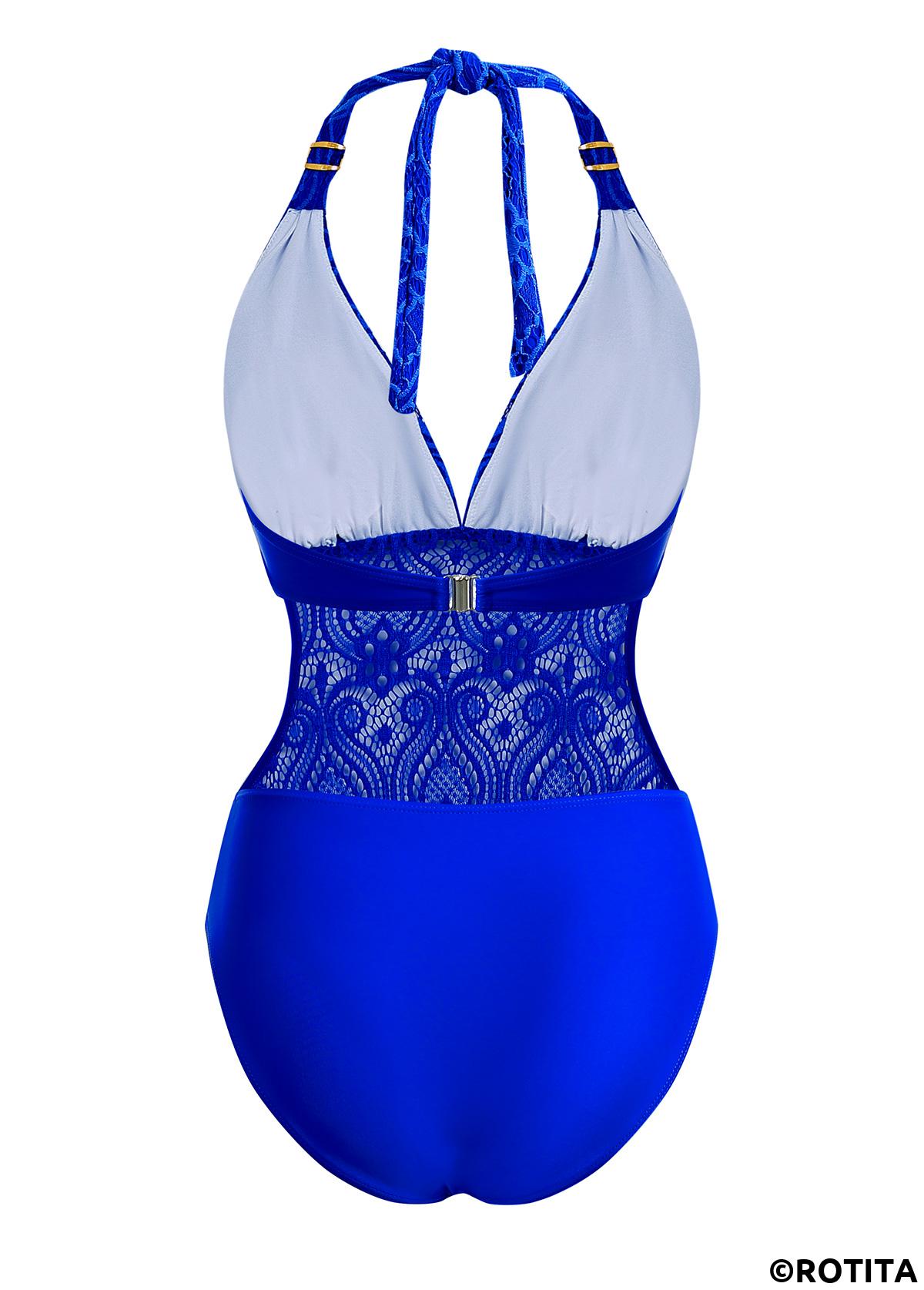 Royal Blue swimwear,Plain Color swimwear,ROTITA Sheer Halter Lace Royal Blue One Piece Swimwear