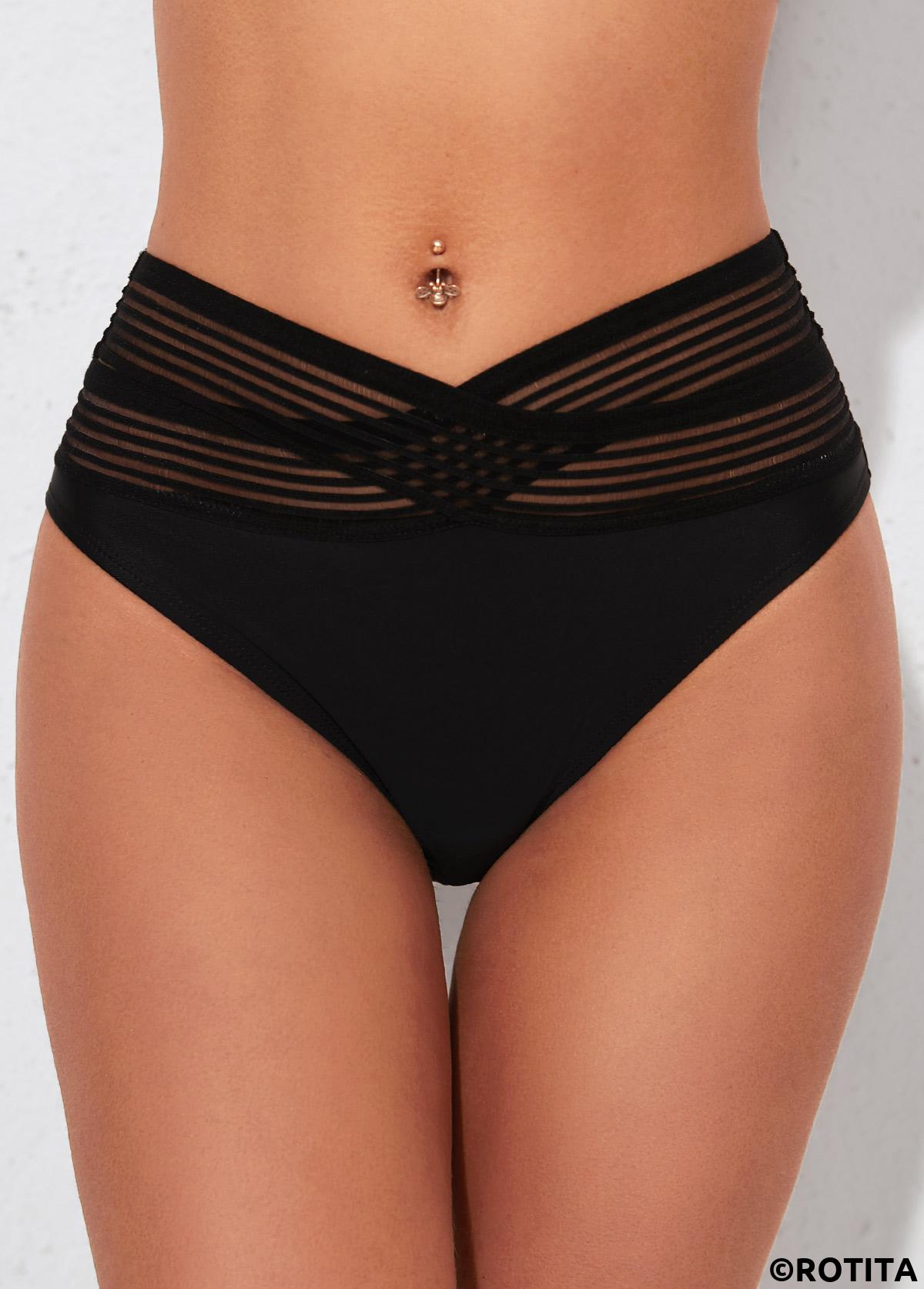 Black swimwear,Plain Color swimwear,ROTITA High Waisted Black Cross Strap Swimwear Panty