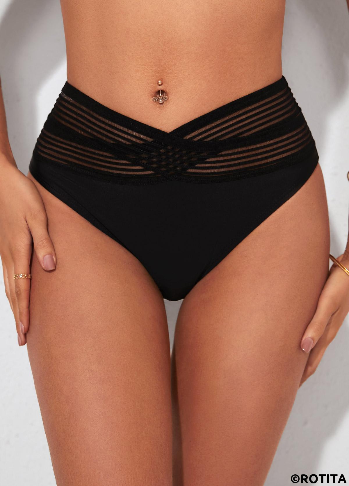 Black swimwear,Plain Color swimwear,ROTITA High Waisted Black Cross Strap Swimwear Panty