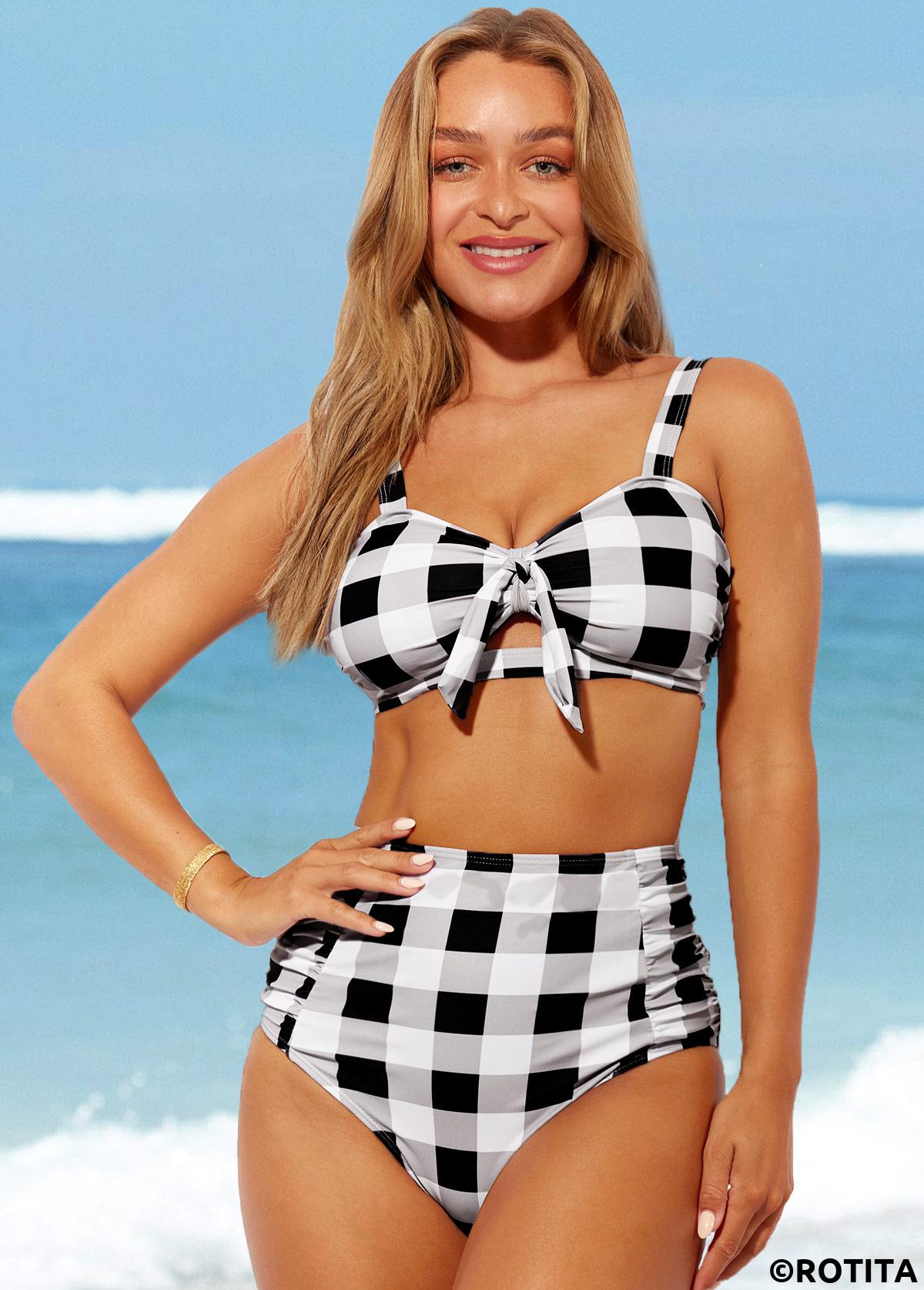 Multi Color swimwear,Plaid swimwear,ROTITA Tie Front Plaid High Waisted Bikini Set