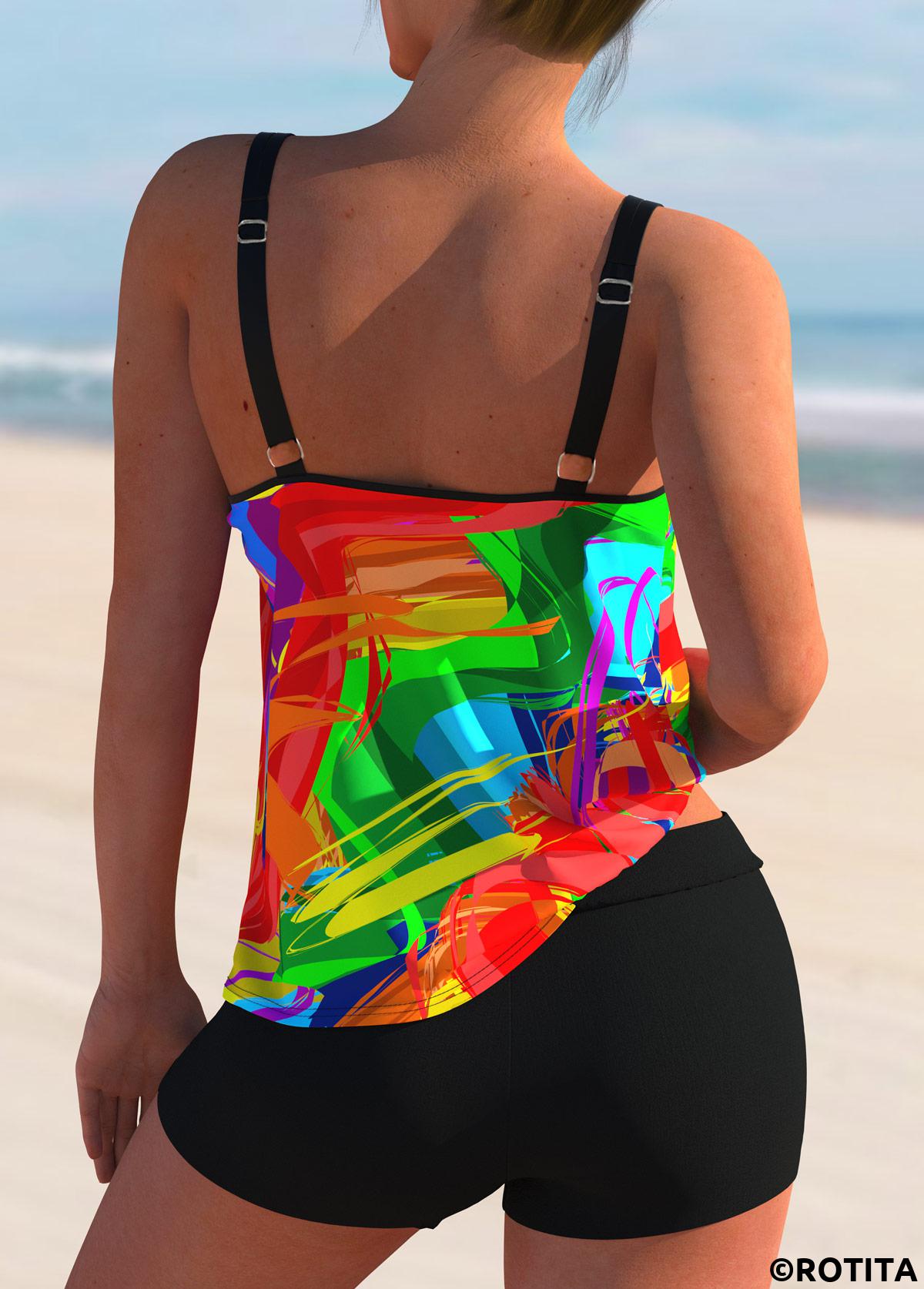 Multi Color swimwear,Rainbow Color swimwear,Floral swimwear,ROTITA Stroke Print Rainbow Color Wide Strap Tankini Top