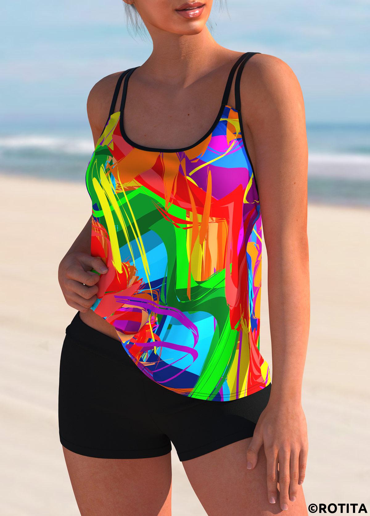 Multi Color swimwear,Rainbow Color swimwear,Floral swimwear,ROTITA Stroke Print Rainbow Color Wide Strap Tankini Top