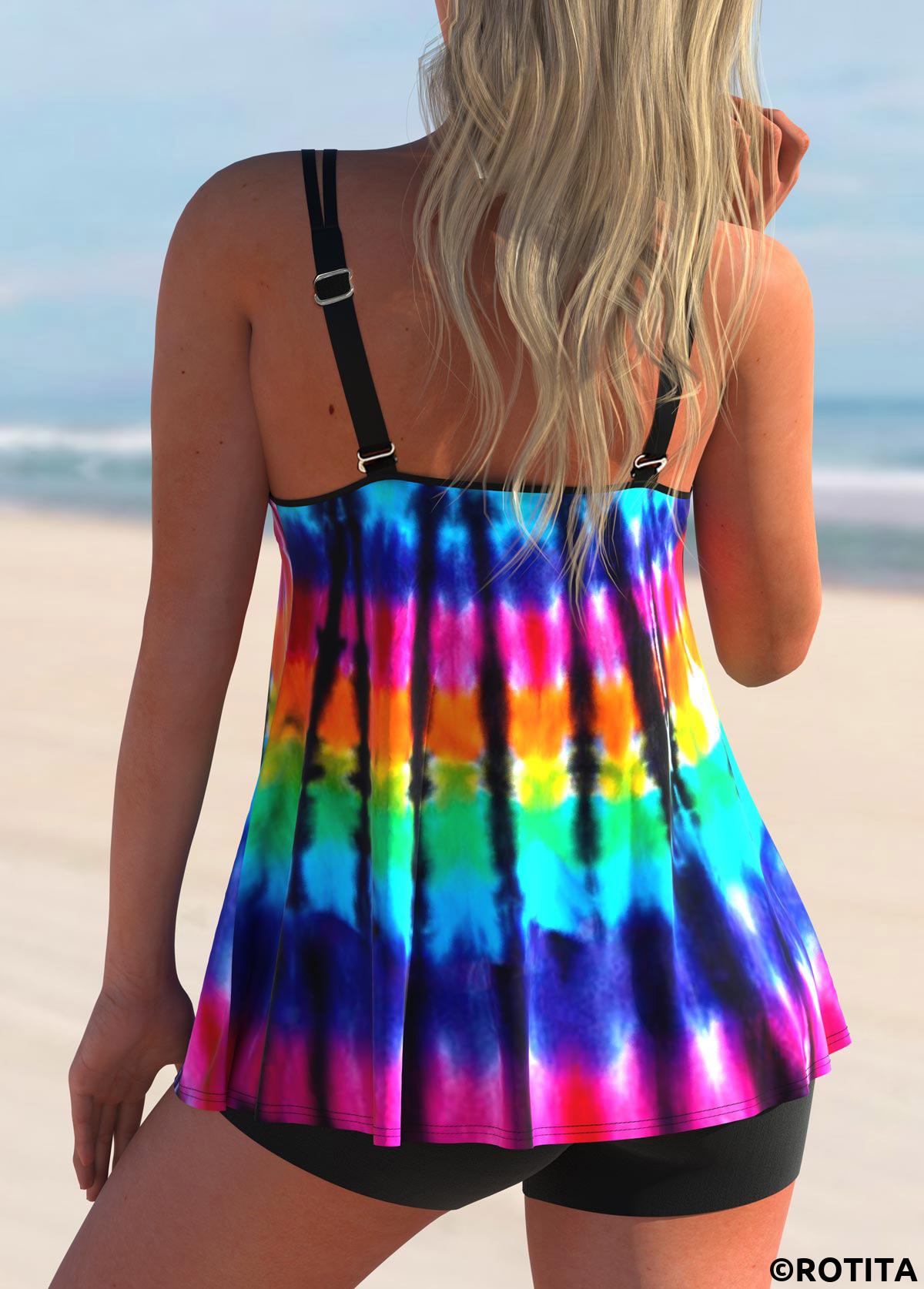 Rainbow Color swimwear,Tie Dye swimwear,ROTITA Rainbow Color Tie Dye Print Tankini Top