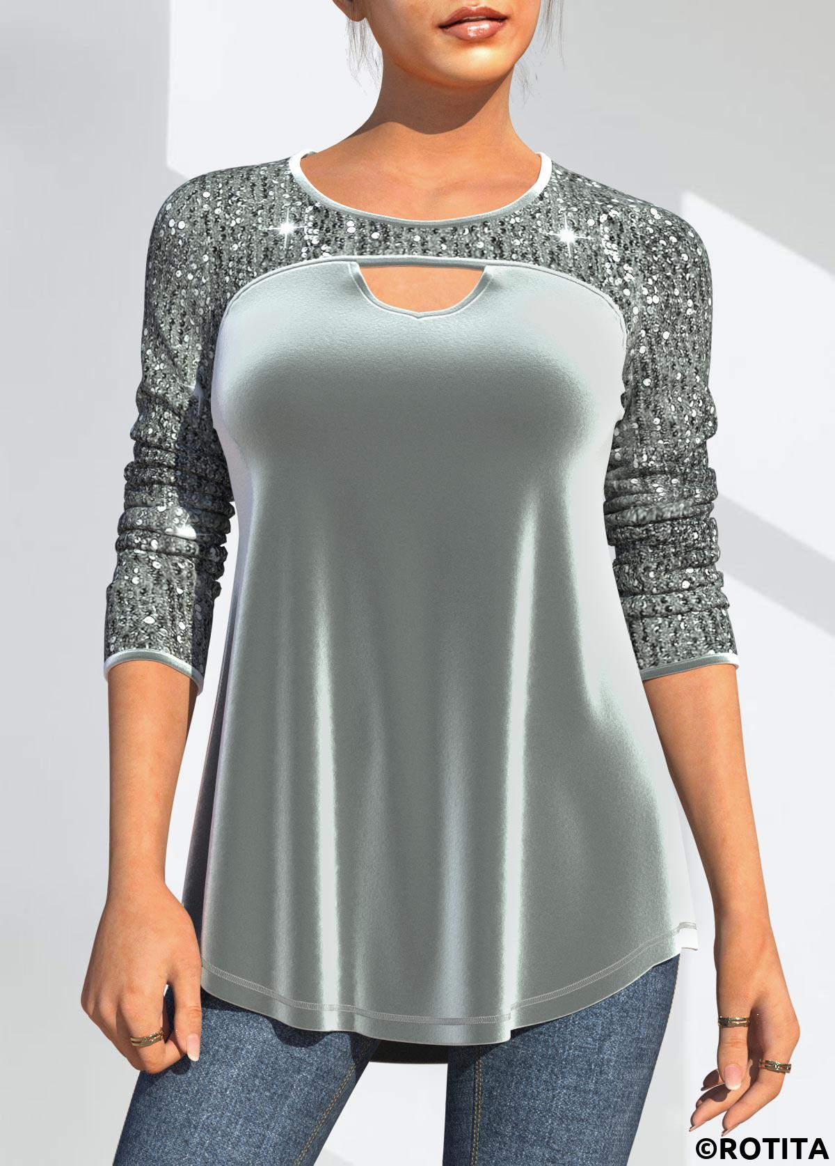 Grey tops,Plain Color tops,ROTITA Velvet Stitching Sequin Grey Cutout Design T Shirt