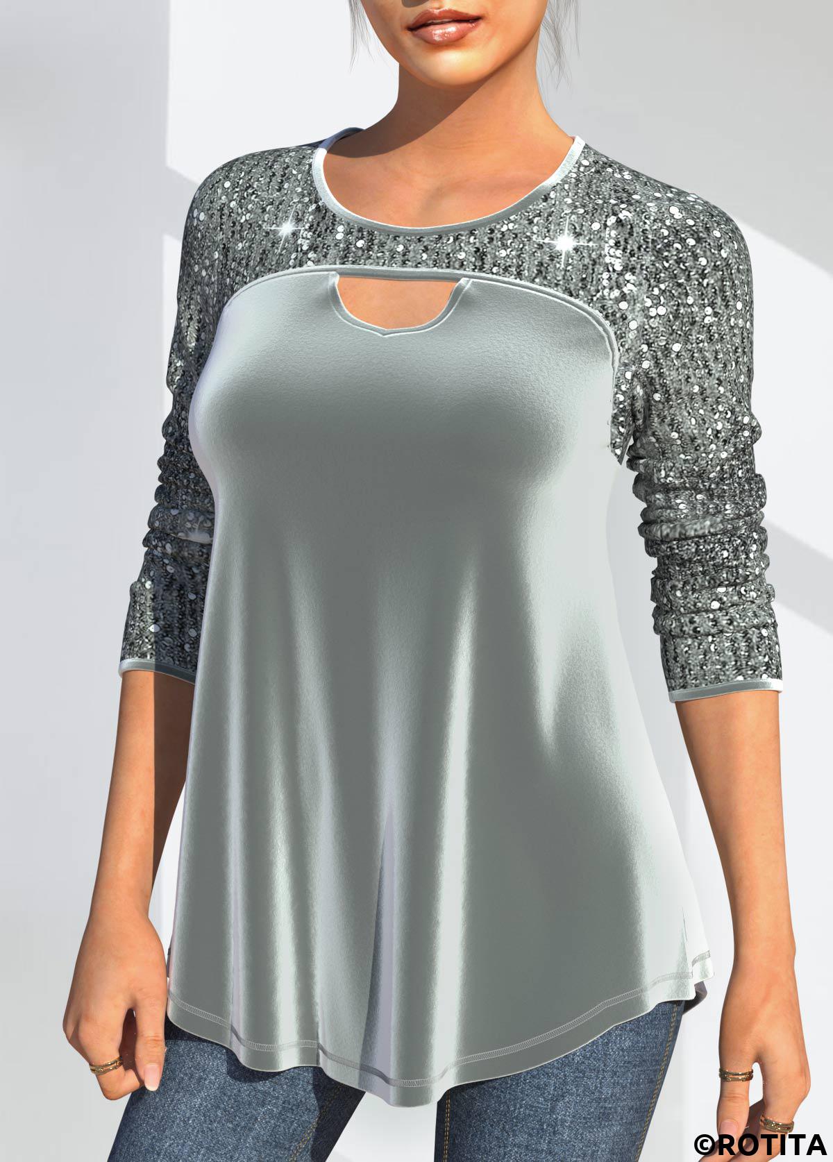 Grey tops,Plain Color tops,ROTITA Velvet Stitching Sequin Grey Cutout Design T Shirt