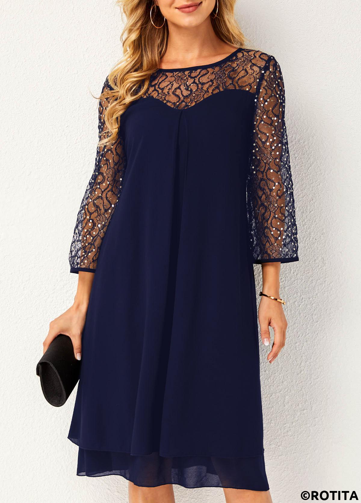 Navy dresses,Plain Color dresses,Party dresses,Elegant dresses,ROTITA Lace Stitching Sequin Navy Blue Dress
