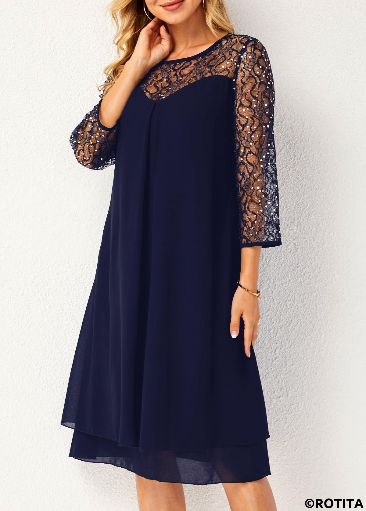 Navy dresses,Plain Color dresses,Party dresses,Elegant dresses,ROTITA Lace Stitching Sequin Navy Blue Dress