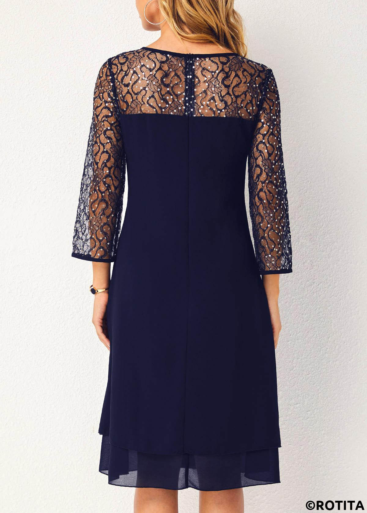 Navy dresses,Plain Color dresses,Party dresses,Elegant dresses,ROTITA Lace Stitching Sequin Navy Blue Dress