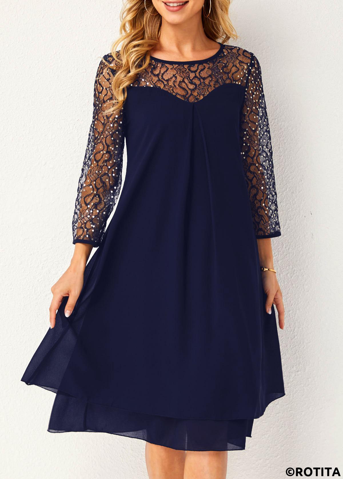 Navy dresses,Plain Color dresses,Party dresses,Elegant dresses,ROTITA Lace Stitching Sequin Navy Blue Dress