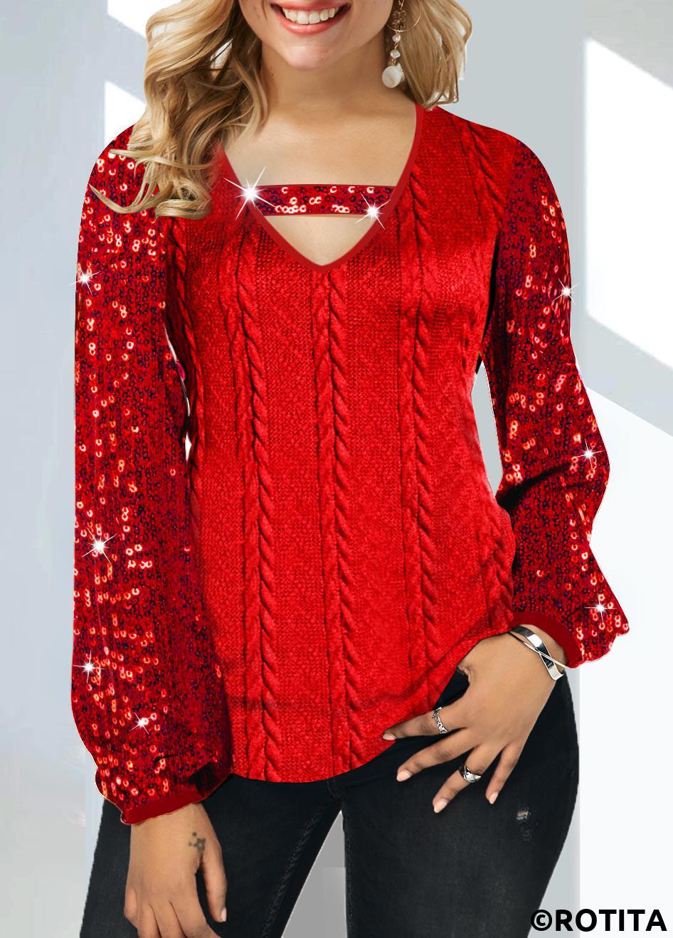 Red tops,Plain Color tops,ROTITA Sequin Cutout Red V Neck T Shirt