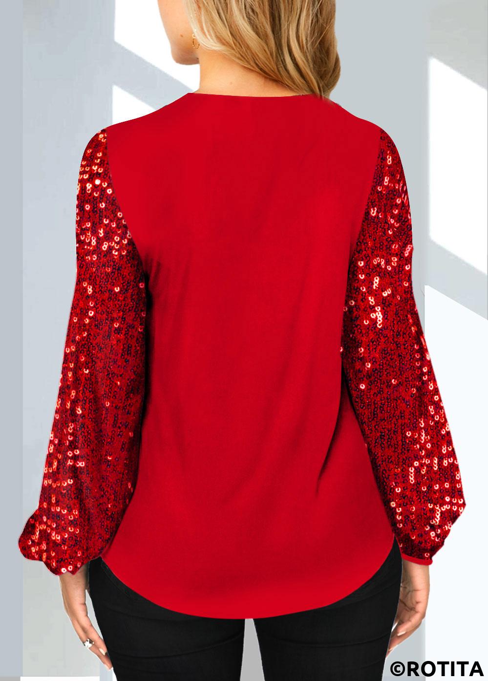 Red tops,Plain Color tops,ROTITA Sequin Cutout Red V Neck T Shirt