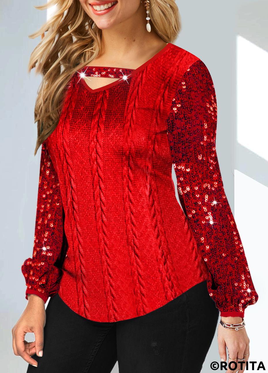 Red tops,Plain Color tops,ROTITA Sequin Cutout Red V Neck T Shirt