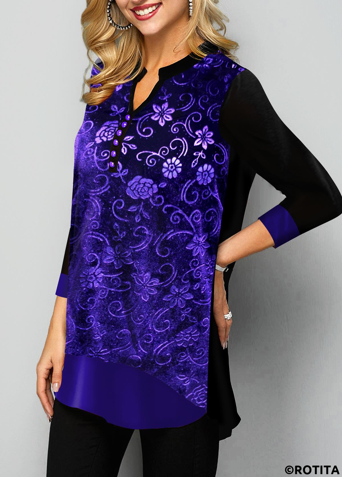 Purple tops,Plain Color tops,ROTITA Purple Velvet Burnout Split Neck Blouse