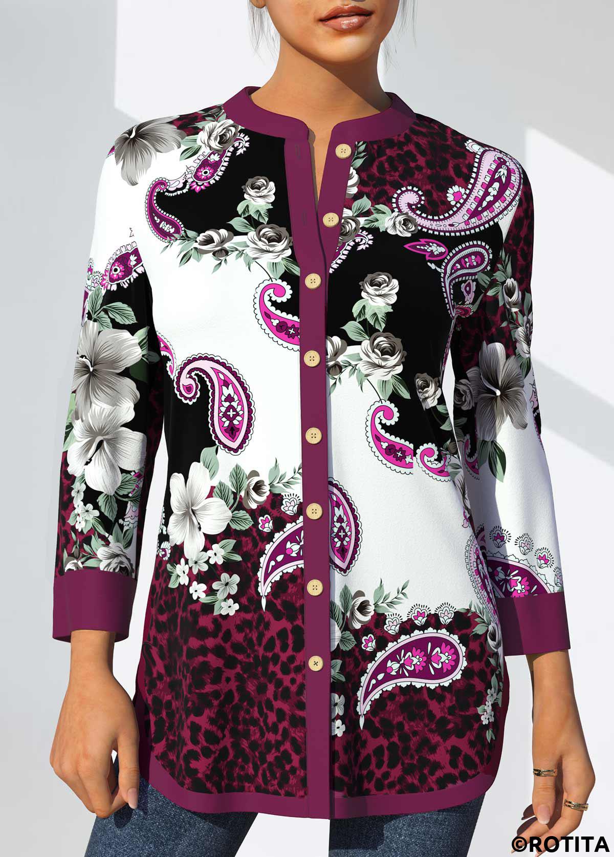Purple tops,Paisley tops,ROTITA Purple Floral and Paisley Print Split Neck Blouse