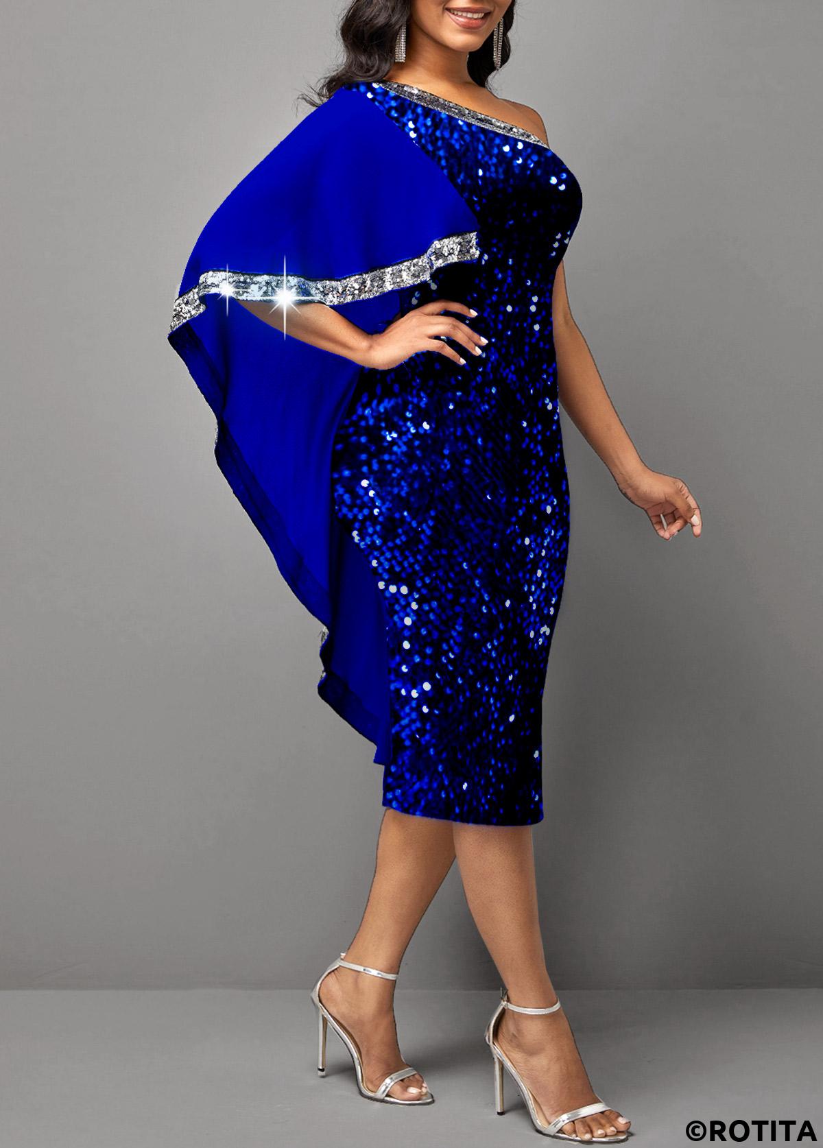 Royal Blue dresses,Contrast Color dresses,Party dresses,Elegant dresses,ROTITA Skew Neck Sequin Royal Blue Dress