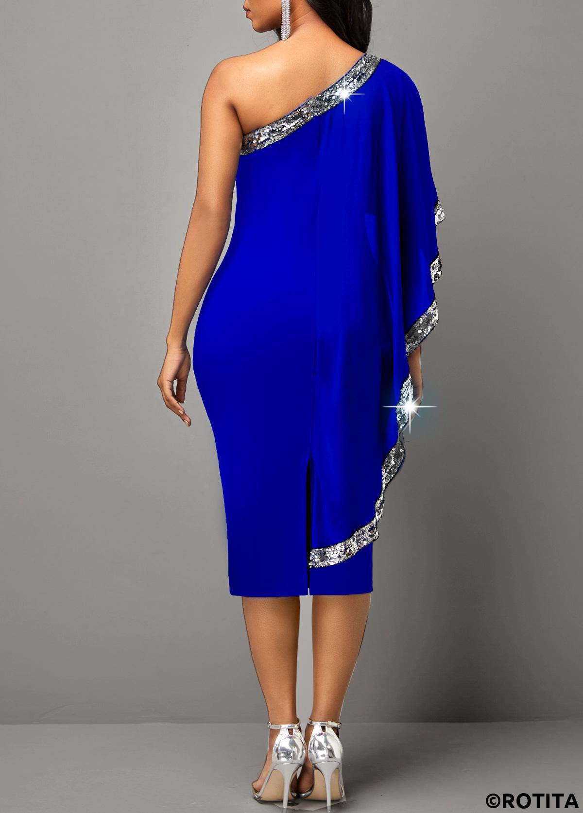 Royal Blue dresses,Contrast Color dresses,Party dresses,Elegant dresses,ROTITA Skew Neck Sequin Royal Blue Dress
