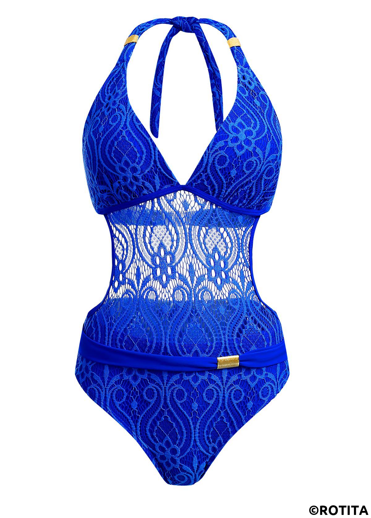 Royal Blue swimwear,Plain Color swimwear,ROTITA Sheer Halter Lace Royal Blue One Piece Swimwear