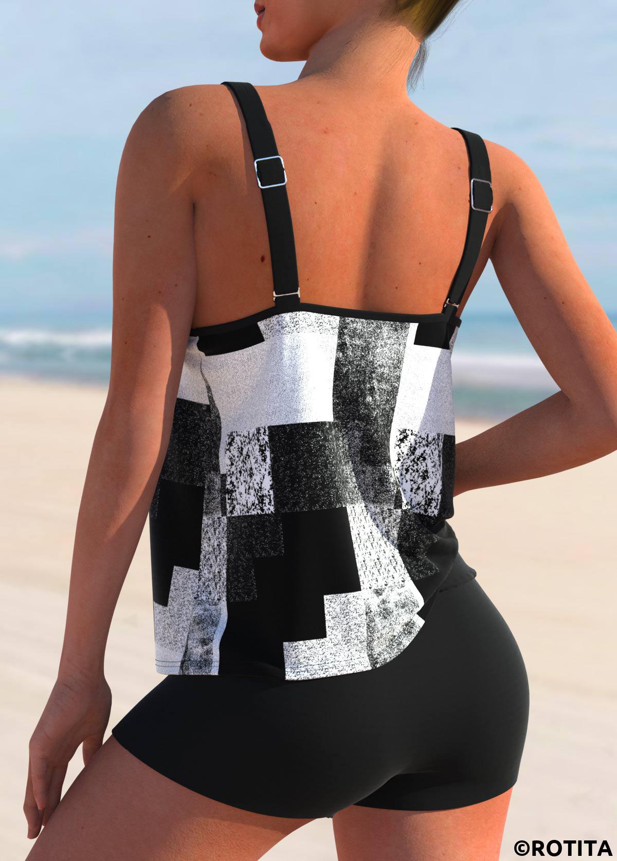 Black plus size,Geometric plus size,ROTITA Plus Size Black Geometric Print Tankini Top