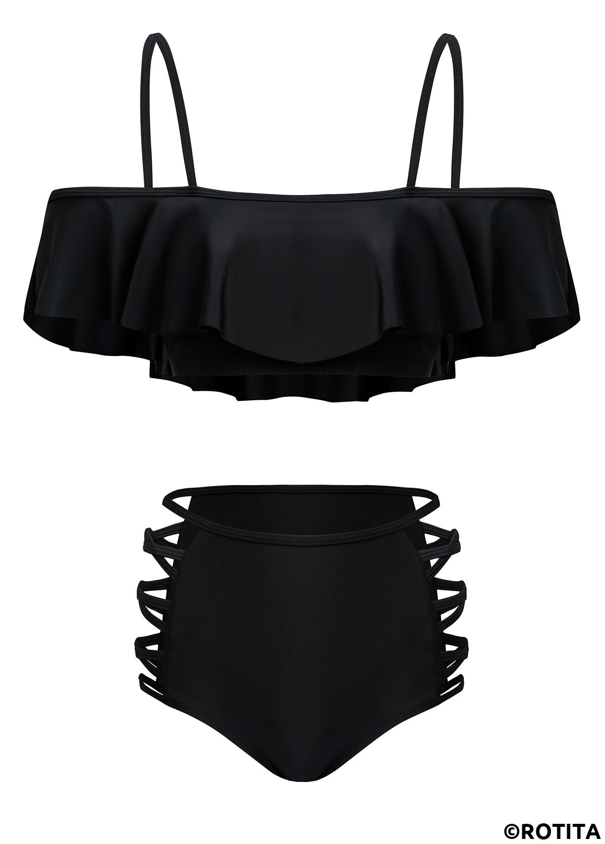 Black swimwear,Plain Color swimwear,ROTITA Black Mid Waist Flounce Lace Up Bikini Set