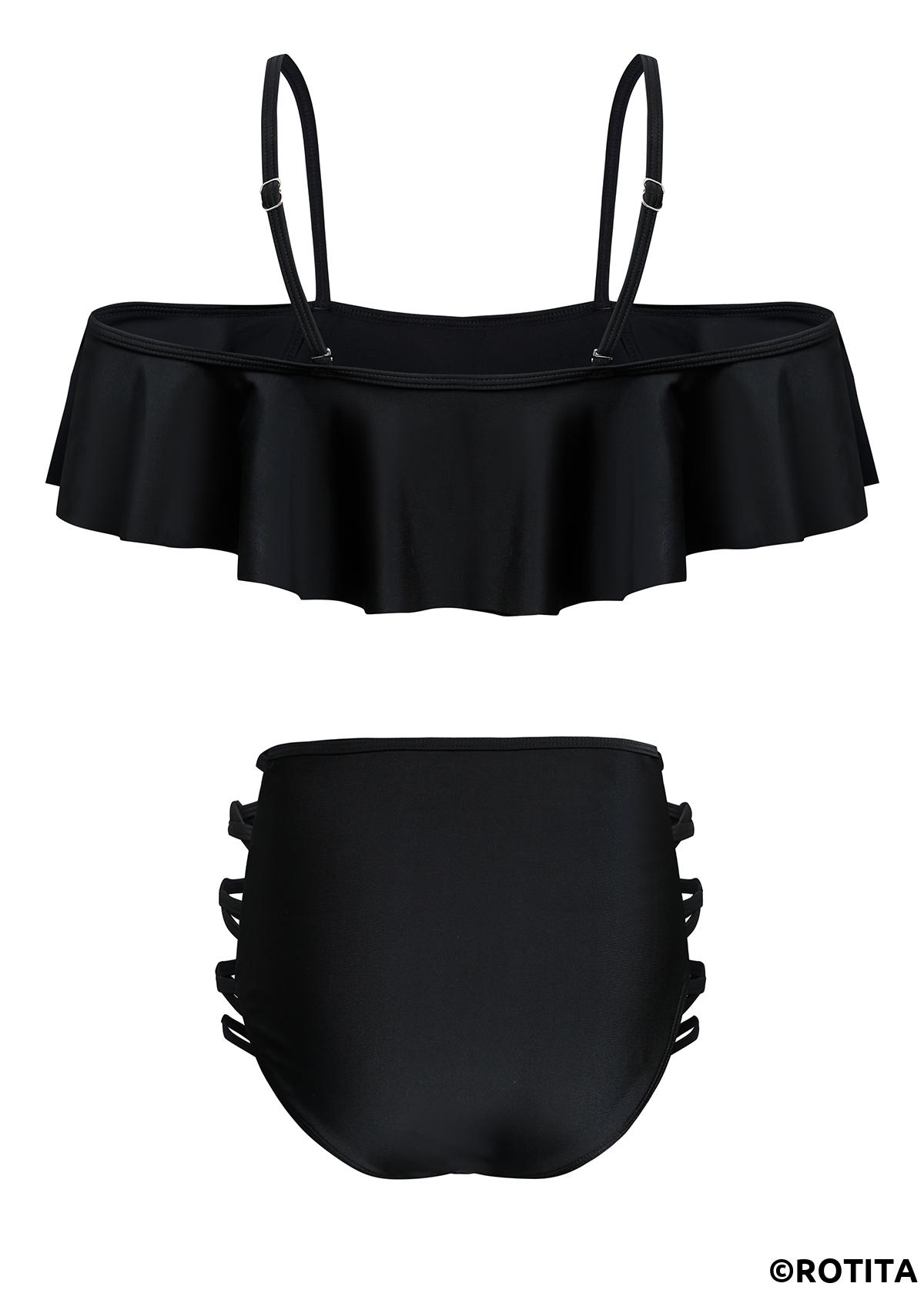 Black swimwear,Plain Color swimwear,ROTITA Black Mid Waist Flounce Lace Up Bikini Set