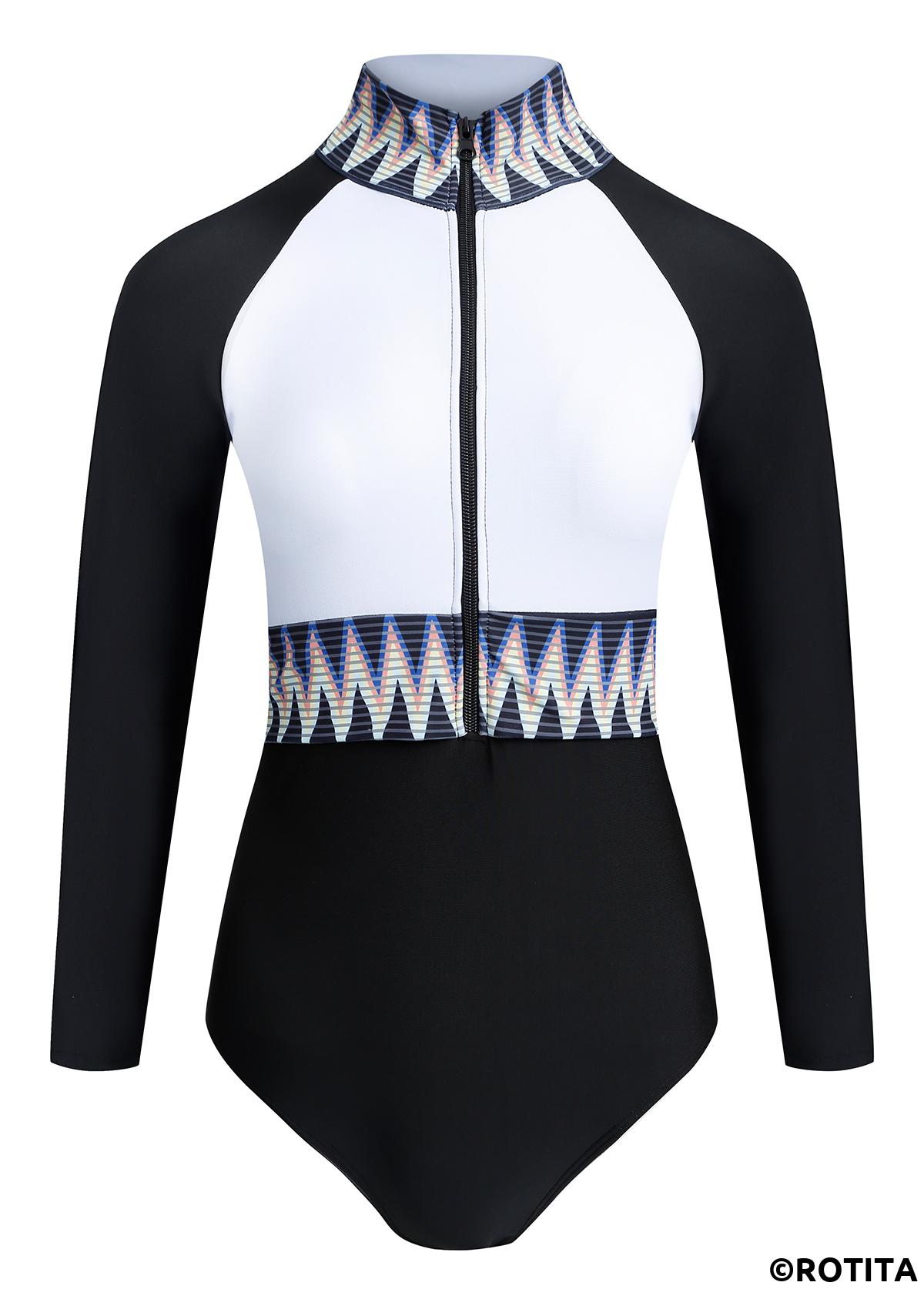 Chevron swimwear,ROTITA Quarter Zip Color Block Long Sleeve One Piece Swimwear
