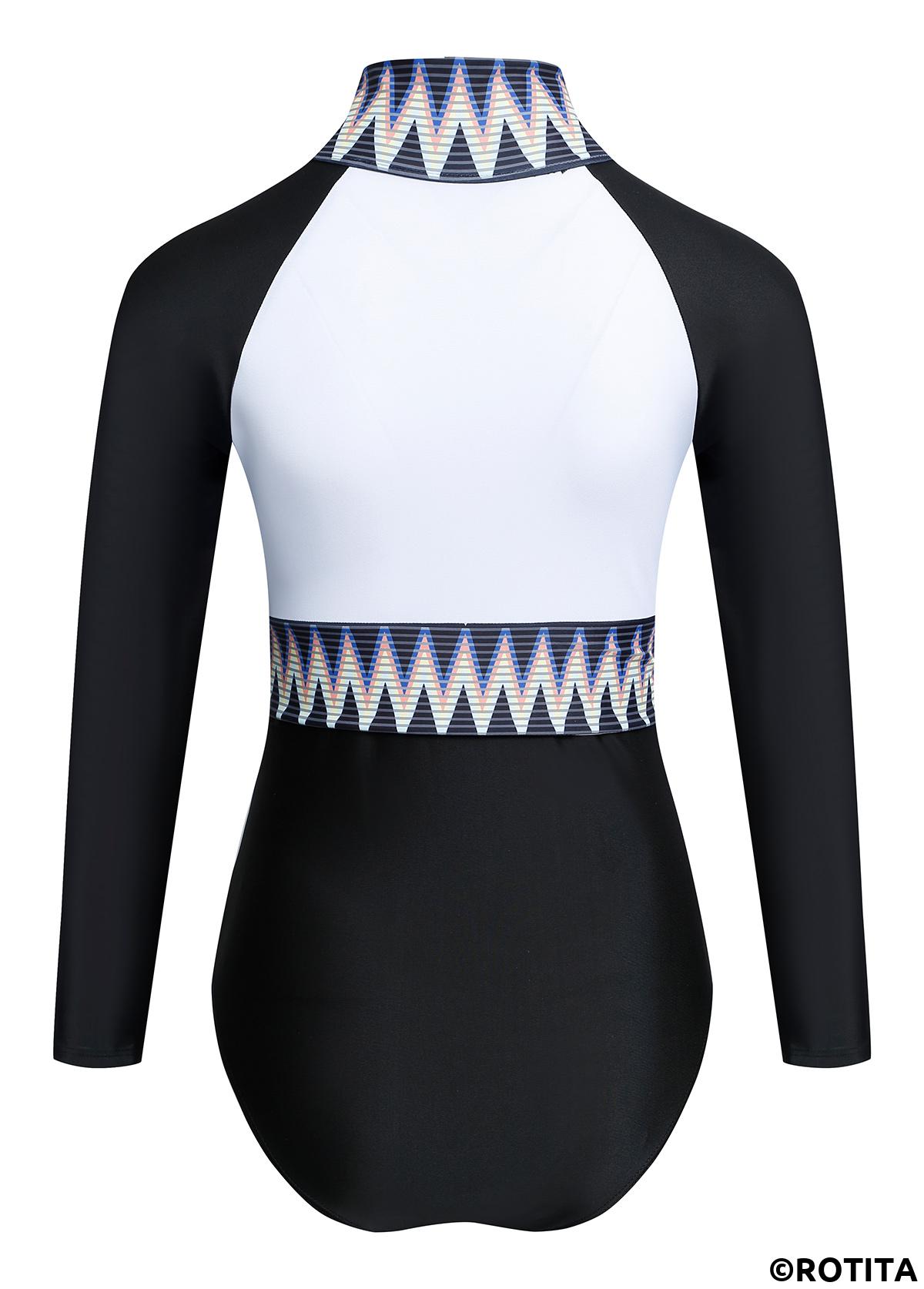 Chevron swimwear,ROTITA Quarter Zip Color Block Long Sleeve One Piece Swimwear