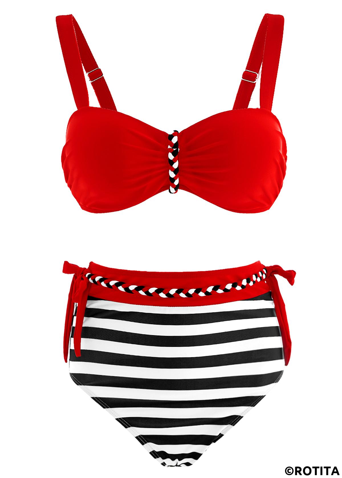Striped swimwear,ROTITA Stripe Print Color Block High Waisted Bikini Set