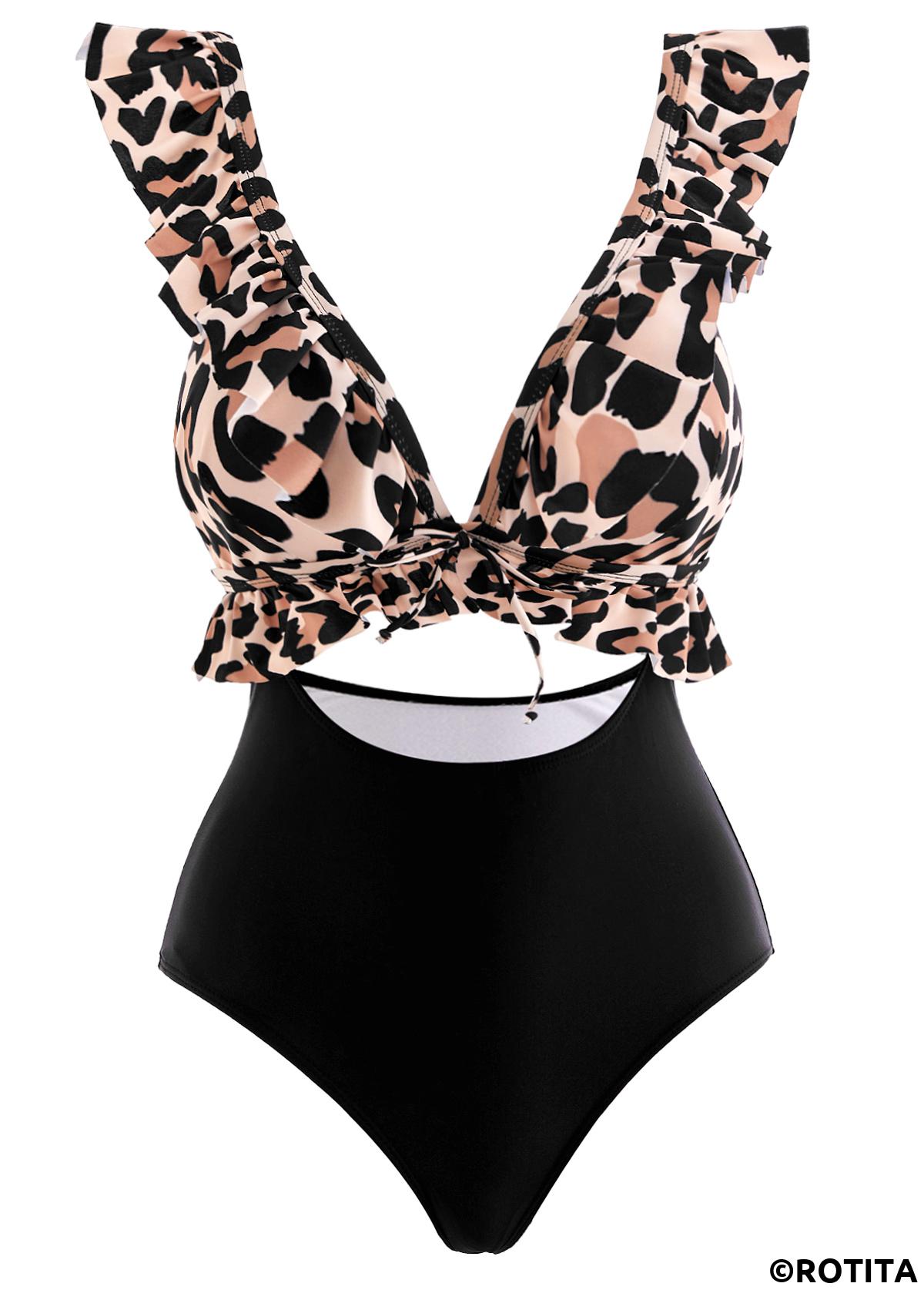 Black swimwear,Leopard swimwear,Flounce Leopard Black Cutout One Piece Swimwear
