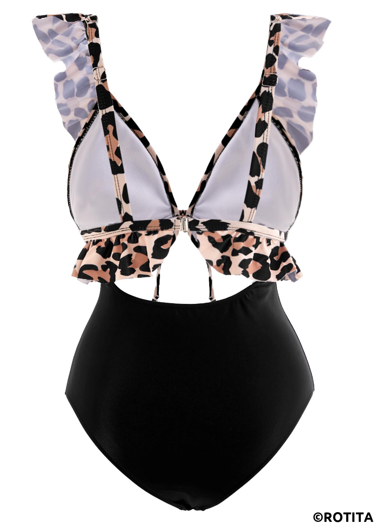 Black swimwear,Leopard swimwear,Flounce Leopard Black Cutout One Piece Swimwear